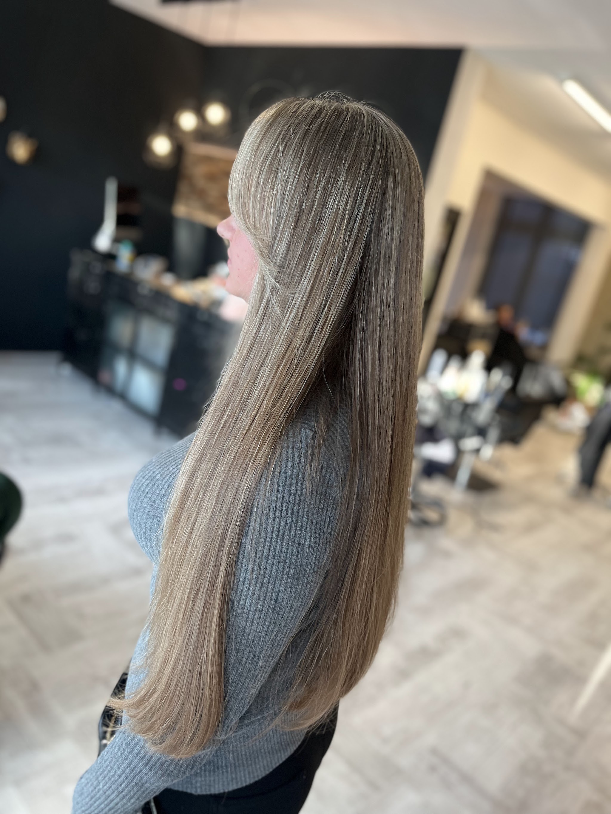 Lang, steil asbruin haar, glanzend, van achteren gezien in de salon